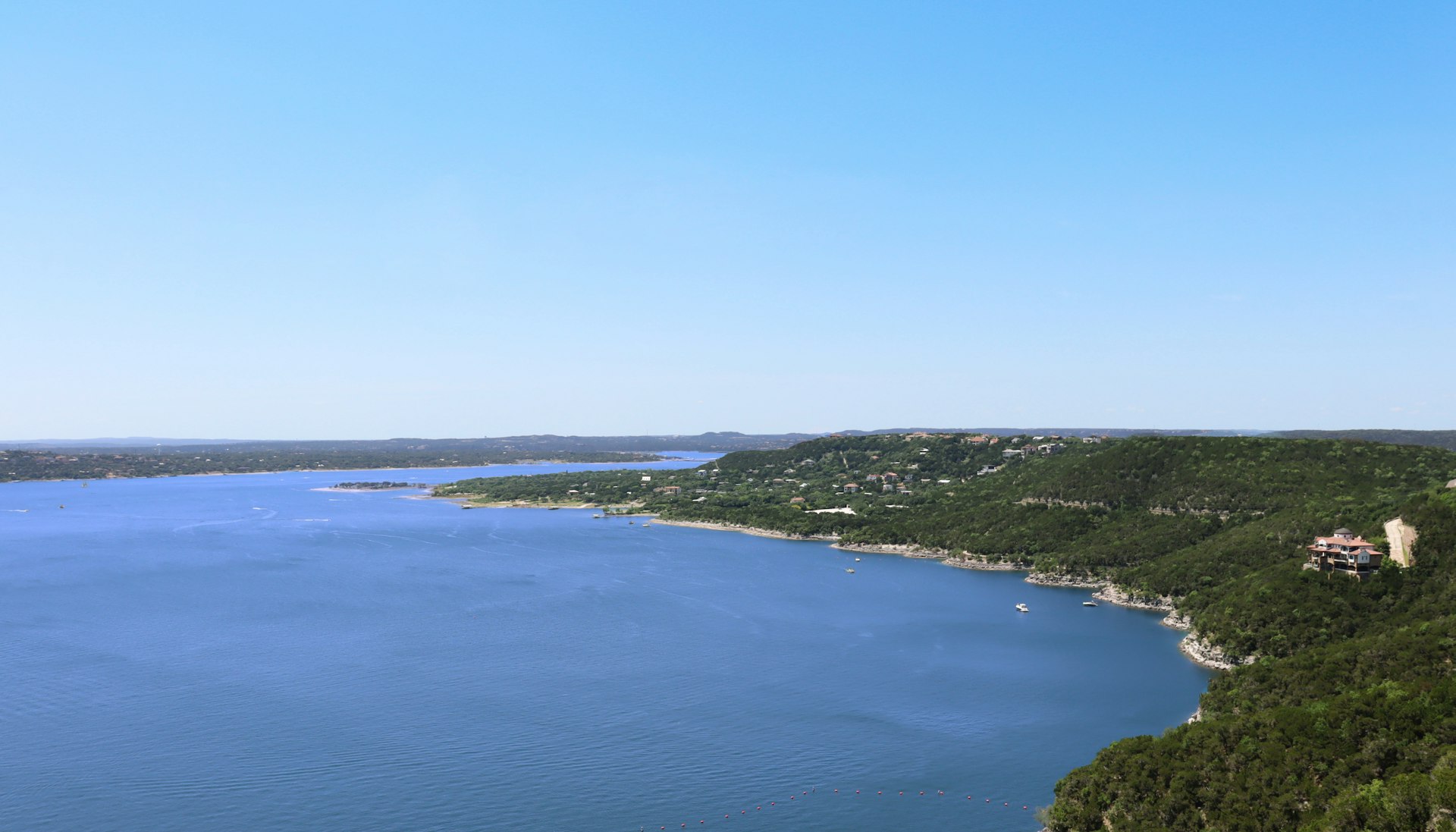 Aerial view of Lake Travis and the surrounding Texas Hill Country
